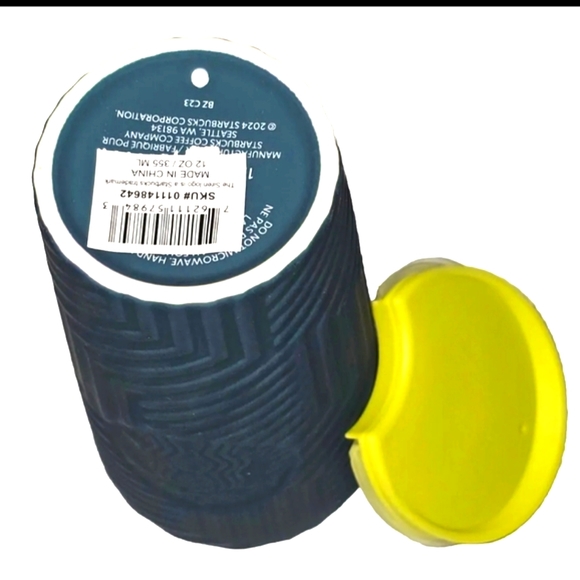 NWT, Starbucks Geometric Blue Ceramic  Tumbler (12 oz) w/yellow lid. Soft/touch - Picture 2 of 6